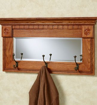 Dentil Pediment Windsor Oak Wall Mirror with Hooks