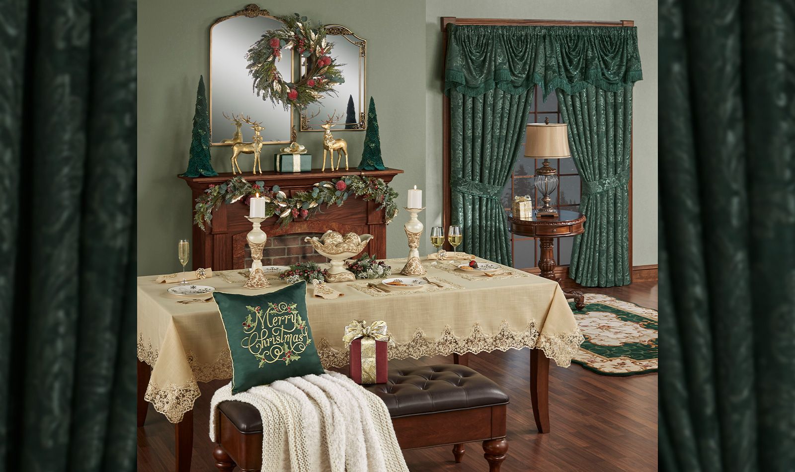 Get The Look - Emerald and Gold Holiday Fireplace Dining Room