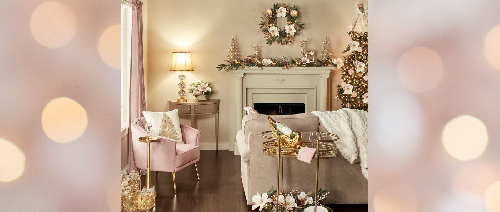 Magnolia Blush and Gold Holiday Living Room