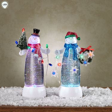 Glitter Swirl Lighted Snowmen Figurines Clear Set of TwoImage