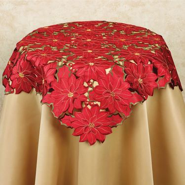 Christmas Poinsettia Cutwork Table Topper Red 34 SquareImage