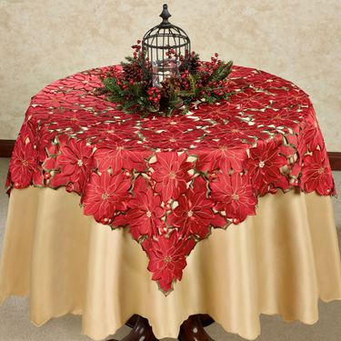 Christmas Poinsettia Large Cutwork Table Topper Red 52 SquareImage