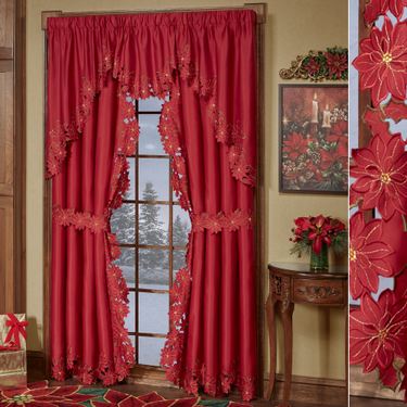 Christmas Poinsettia Swag Valance Pair Red 60 x 38Image