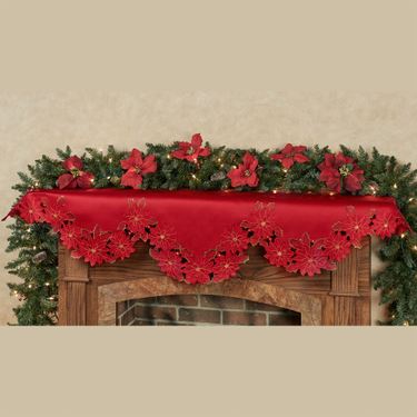 Christmas Poinsettia Cutwork Mantel Scarf Red 70 x 22Image