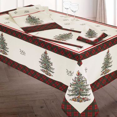 Spode Christmas Tartan Plaid Oblong Tablecloth IvoryImage
