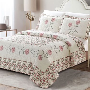 Carnation Rose Quilted Bedspread IvoryImage