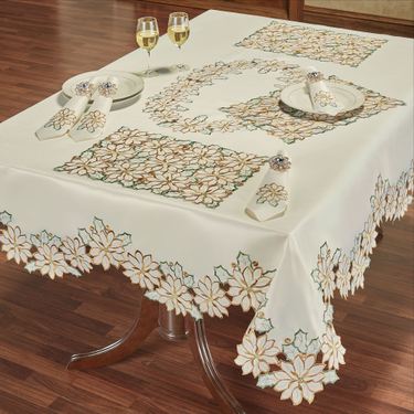 Winter Poinsettia Cutwork Oblong Tablecloth IvoryImage
