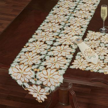Winter Poinsettia Cutwork Table Runner IvoryImage