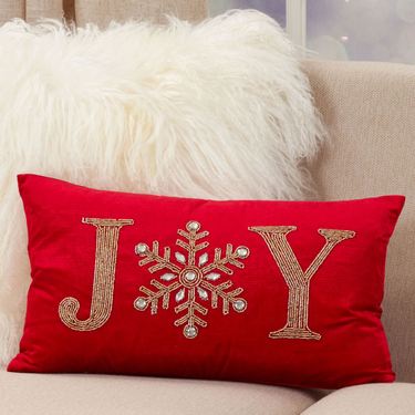 Beaded Holiday Joy Decorative Pillow RedImage