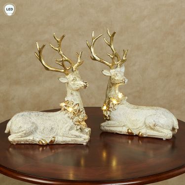 Festive Lighted Deer Figures White/Gold Set of TwoImage