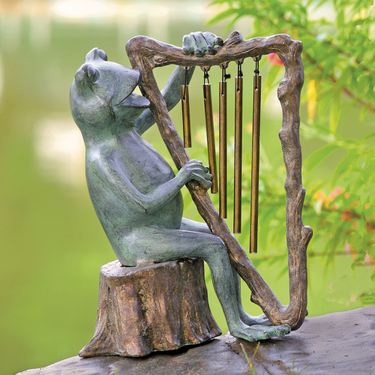 Frog Playing the Harp Wind Chime Sculpture Verdi BronzeImage