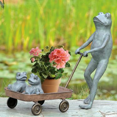Frog Family in Wagon Garden Sculpture Aged StoneImage
