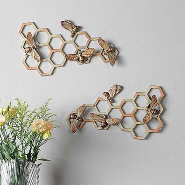Honeycomb and Bee Wall Art Plaques Light Gold Set of TwoImage