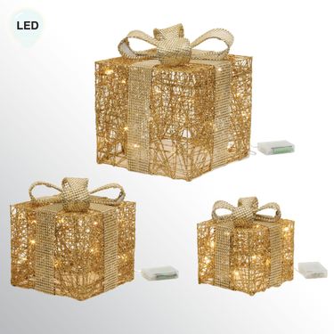 Lighted Christmas Present Decorative Accents Gold Set of ThreeImage