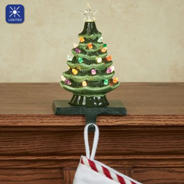 Vintage Christmas Tree Lighted Stocking Holder GreenImage