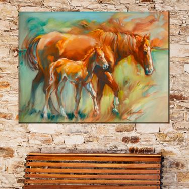 Side by Side Horse Canvas Wall Art OrangeImage