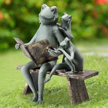 Reading Frog Family Garden Sculpture Verdi BronzeImage