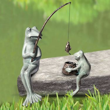 Fishing Frogs Ledge Sitter Garden Sculpture Set Verdi BronzeImage