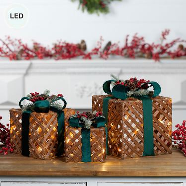 Lighted Holiday Present Decorative Accents Brown Set of ThreeImage
