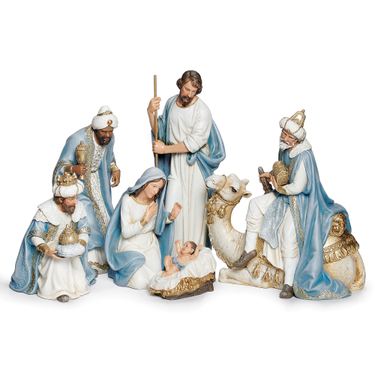 Worshiping Nativity Figures Pastel Blue Set of SixImage