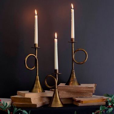 Antique Brass Trumpet Taper Candleholders Set of ThreeImage