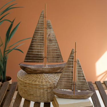 Recycled Wood Decorative Sailboats Brown Set of TwoImage