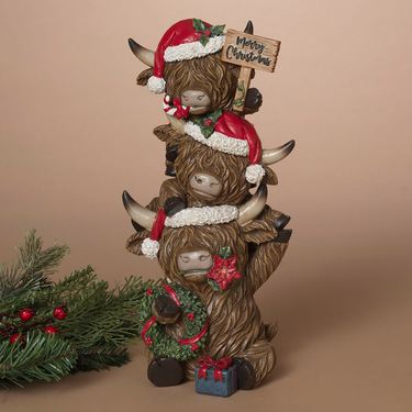 Holiday Stacked Highland Cows Table Sculpture BrownImage