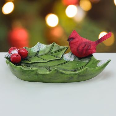 Cardinal with Holly Leaf Decorative Tray GreenImage