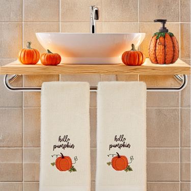 Hello Pumpkin Lotion Soap Dispenser and Hand Towels Orange Three Piece SetImage