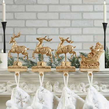 Santa and Deer Stocking Holders Gold Set of FourImage