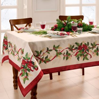 Winter Bows and Garland Rectangle Tablecloth IvoryImage