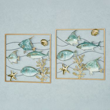 Fish in Waves Wall Art Seafoam Set of TwoImage
