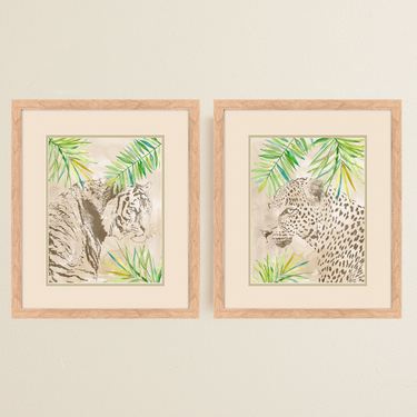 Boho Jungle Cat Framed Wall Art Beige Set of TwoImage