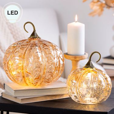 Autumn Leaf LED Pumpkin Tabletop Accents Amber Set of TwoImage