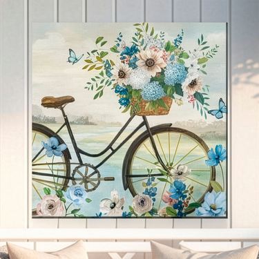Flower Girl Bicycle Canvas Wall Art BlueImage
