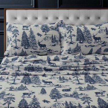 Deer Toile Flannel Sheet Set BlueImage