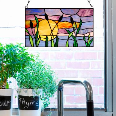 Cattails at Sunset Stained Glass Window Panel Multi JewelImage