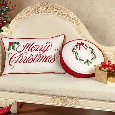 Holly Wreath Embroidered Pillow Ivory RectangleImage