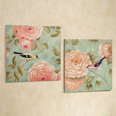 Perched by Flowers Canvas Art Multi Pastel Set of TwoImage