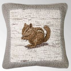 Birch Forest Embroidered Chipmunk Pillow Silver Gray 18 Square
