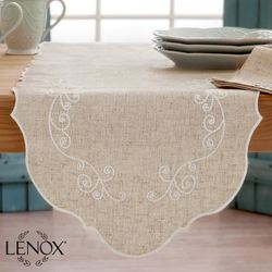 French Perle Embroidered Swirl Table Runner Natural 14 x 70