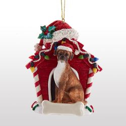 Boxer Dog with House Christmas Ornament Red
