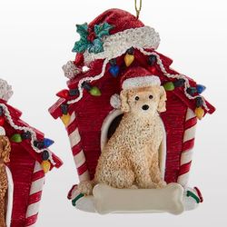 Gold Labradoodle Dog with House Christmas Ornament Red