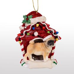 Pug Dog with House Christmas Ornament Red