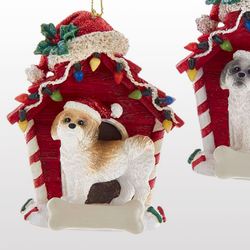 Shih Tzu in White and Brown Dog with House Christmas Ornament Red