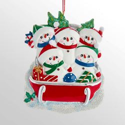 Five Family in Sled Snowman Ornament Red
