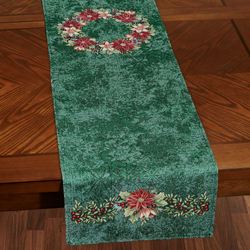 Poinsettia Wreath Table Runner Green 15 x 70