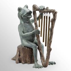 Frog Playing the Harp Wind Chime Sculpture Verdi Bronze