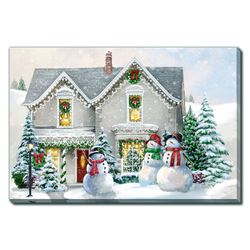 Victorian House Snowmen Canvas Wall Art Red/Green