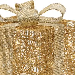 Lighted Christmas Present Decorative Accents Gold Set of Three